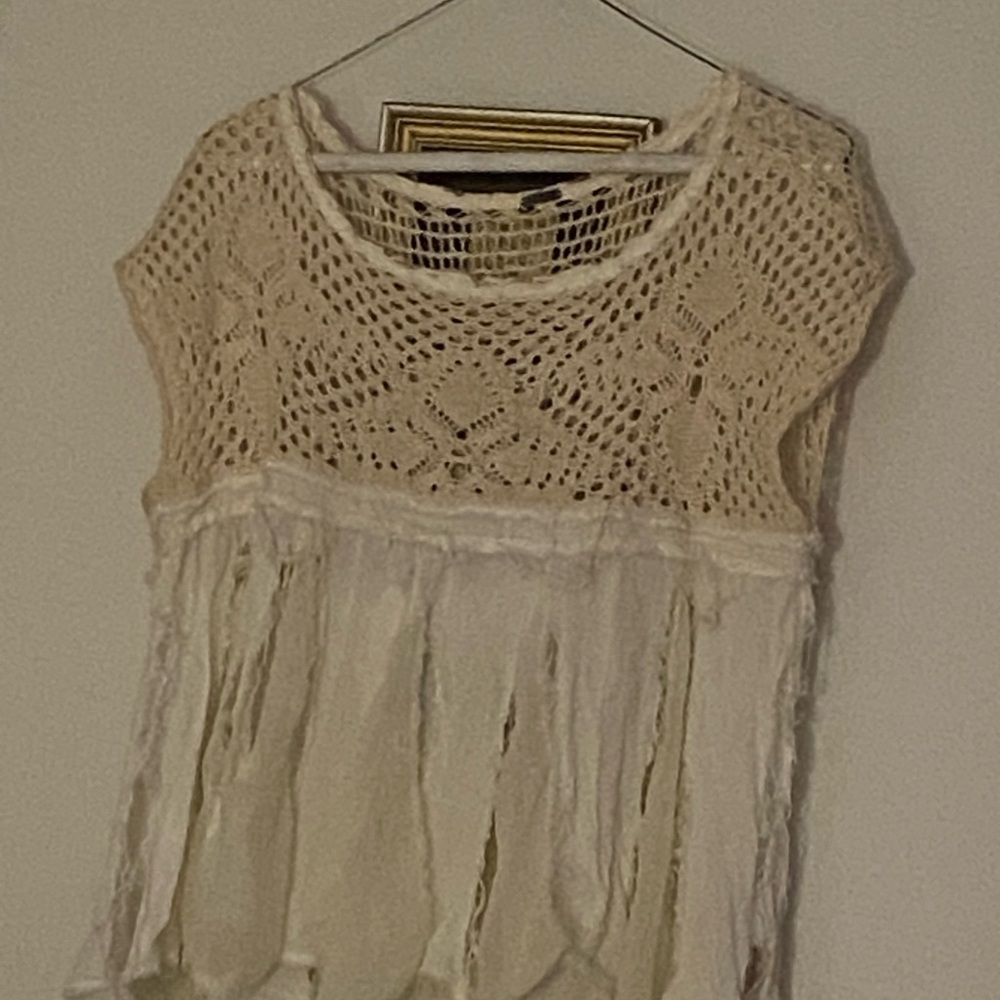 Free People Cream Distressed Cropped Blouse